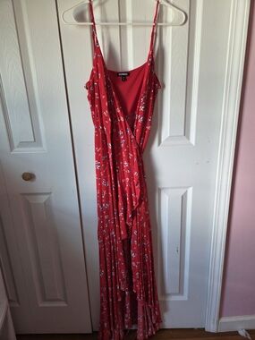 Express Red Floral Wrap Maxi Dress with Spaghetti Straps